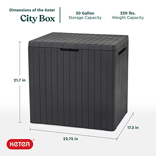 Keter Store-It-Out Prime 4.3 x 2.3 Foot Resin Outdoor Storage Shed, Black & City 30 Gallon Resin Deck Box for Patio Furniture, Pool Accessories, and Storage for Outdoor Toys, Grey