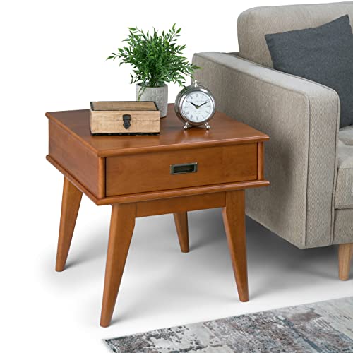 SIMPLIHOME Draper Solid Hardwood 35 Inch Mid Century Modern Wide Bookcase and Storage Unit in Teak Brown & Draper Solid Hardwood 22 inch Wide Rectangle End Side Table in Teak Brown