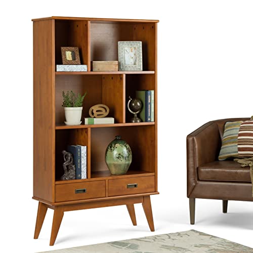 SIMPLIHOME Draper Solid Hardwood 35 Inch Mid Century Modern Wide Bookcase and Storage Unit in Teak Brown & Draper Solid Hardwood 22 inch Wide Rectangle End Side Table in Teak Brown