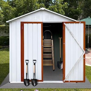 Zevemomo 6 x 4 ft Outdoor Storage Shed, All Weather Metal Shed with Metal Foundation & 2 Lockable Doors, Tool Shed Outdoor Storage for Garden, Patio, Backyard, Lawn, White and Yellow