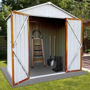 zevemomo 6 x 4 ft outdoor storage shed, all weather metal shed with metal foundation & 2 lockable doors, tool shed outdoor storage for garden, patio, backyard, lawn, white and yellow