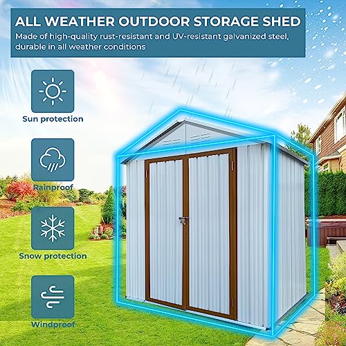 Zevemomo 6 x 4 ft Outdoor Storage Shed, All Weather Metal Shed with Metal Foundation & 2 Lockable Doors, Tool Shed Outdoor Storage for Garden, Patio, Backyard, Lawn, White and Yellow