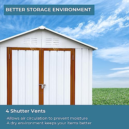 Zevemomo 6 x 4 ft Outdoor Storage Shed, All Weather Metal Shed with Metal Foundation & 2 Lockable Doors, Tool Shed Outdoor Storage for Garden, Patio, Backyard, Lawn, White and Yellow