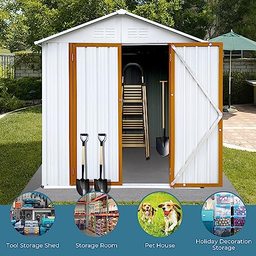 Zevemomo 6 x 4 ft Outdoor Storage Shed, All Weather Metal Shed with Metal Foundation & 2 Lockable Doors, Tool Shed Outdoor Storage for Garden, Patio, Backyard, Lawn, White and Yellow