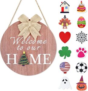 welcome home sign, interchangeable front porch door decor with 12 changeable icons for halloween/christmas/independence day, round wooden hanging sign housewarming gift for home outdoor indoor