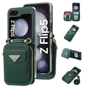 eaxer for samsung galaxy z flip 5 case, shockproof pu wallet folding case leather zipper crossbody strap cover (green)