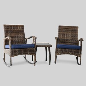 3 pieces outdoor wicker rocking chairs with woven seats, blue cushions, and side table