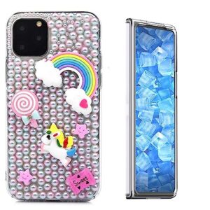 stenes sparkle phone case compatible with samsung galaxy z fold 5 5g case - stylish - 3d handmade bling sweet unicorn rainbow rhinestone crystal diamond design girls women cover - pink