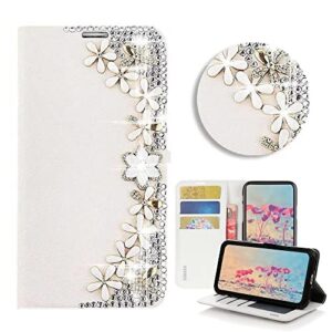 stenes bling wallet phone case compatible with samsung galaxy z fold 5 5g - stylish - 3d handmade flowers flowers design leather cover with neck strap lanyard & screen protector - white