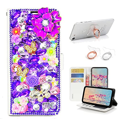 STENES Bling Wallet Phone Case Compatible with Samsung Galaxy Z Fold 5 5G Case - Stylish - 3D Handmade Rose Butterfly Flowers Floral Leather Cover with Ring Stand Holder [2 Pack] - Purple