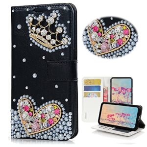 stenes bling wallet phone case compatible with samsung galaxy z fold 5 5g case - stylish - 3d handmade crown heart design magnetic wallet stand girls women leather cover - black