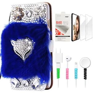 stenes bling wallet luxury phone case compatible with samsung galaxy z fold 5 5g - stylish - 3d handmade luxury fox flowers design leather cover with screen protector & cable protector - blue