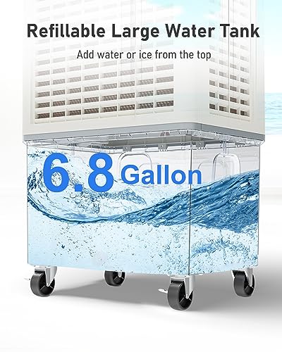 35’’ Portable Air Conditioner 3-IN-1 Evaporative Cooler, 30Ft Remote, 3 Speeds, 2800 CFM, 100 Degree Swing, 1050 sq. ft. coverage, 24H Timer, 6.8 Gallon Tank, 4 Ice Packs for Garage Patio Outdoor