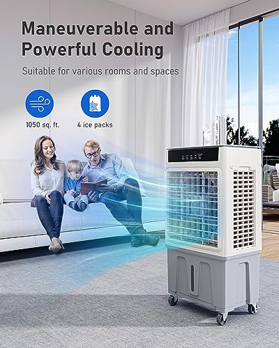 35’’ Portable Air Conditioner 3-IN-1 Evaporative Cooler, 30Ft Remote, 3 Speeds, 2800 CFM, 100 Degree Swing, 1050 sq. ft. coverage, 24H Timer, 6.8 Gallon Tank, 4 Ice Packs for Garage Patio Outdoor