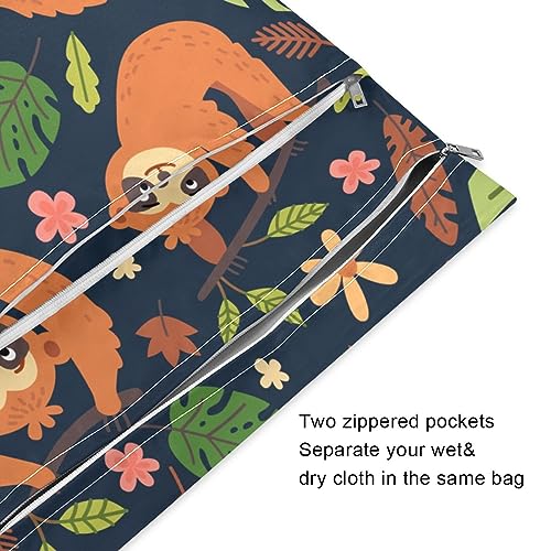 SDMKA 2Pcs Wet Dry Bag for Baby Cloth Diapers Funny Sloth Reusable Waterproof Wet Bag with Two Zippered Pockets for Travel Beach Pool