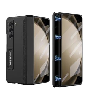 daluz compatible with galaxy z fold 5 case with built-in hinge protection, full body protect hard pc heavy duty shockproof phone case for z fold 5 with screen protector and convenient kickstand black