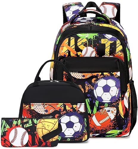 LEDAOU Backpack for Teen Girls School Bags Kids Bookbags Set School Backpack with Lunch Box and Pencil Case (Rugby Soccer)