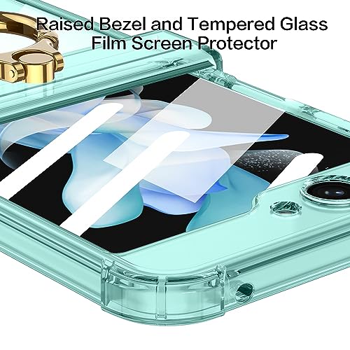 DALUZ Designed for Samsung Galaxy Z Flip 5 Case, Full-Body Bumper Case for Z Flip 5 with Built-in Tempered Glass Back Screen Protector, Slim Clear Galaxy Z Flip 5 Case with Ring Kickstand