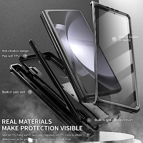 BAILI Galaxy Z Fold5 Case with Kickstand & S Pen Holder, 360°Protective Mech-Shaped Drop-Resistant Z Fold5 Cover with HD Screen Film,Support Wireless Charging Shell for Samsung Galaxy Z Fold5-Black