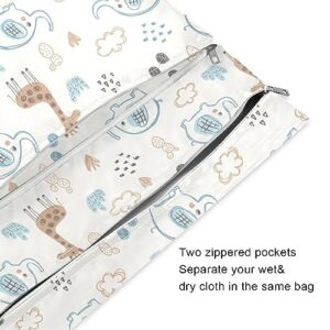 SDMKA 2Pcs Wet Dry Bag for Baby Cloth Diapers Cute Elephants Reusable Waterproof Wet Bag with Two Zippered Pockets for Travel Beach Pool