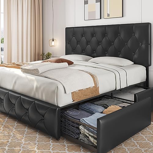 Yaheetech King Size Upholstered Bed Frame with 4 Drawers and Adjustable Headboard, Faux Leather Platform Bed with Mattress Foundation Strong Wooden Slats Support, No Box Spring Needed, Black