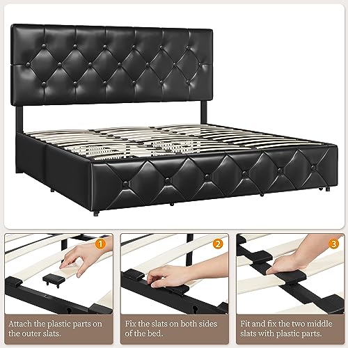 Yaheetech King Size Upholstered Bed Frame with 4 Drawers and Adjustable Headboard, Faux Leather Platform Bed with Mattress Foundation Strong Wooden Slats Support, No Box Spring Needed, Black