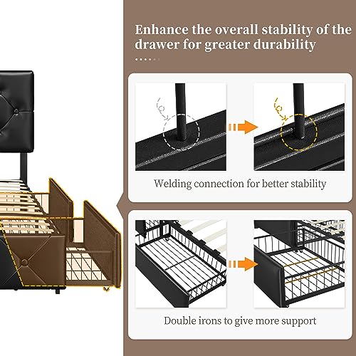 Yaheetech King Size Upholstered Bed Frame with 4 Drawers and Adjustable Headboard, Faux Leather Platform Bed with Mattress Foundation Strong Wooden Slats Support, No Box Spring Needed, Black