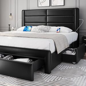 yaheetech king size bed frame with 2 usb charging station/port for type a&type c/3 storage drawers, leather upholstered platform bed with headboard/solid wood slat support/no box spring needed/black