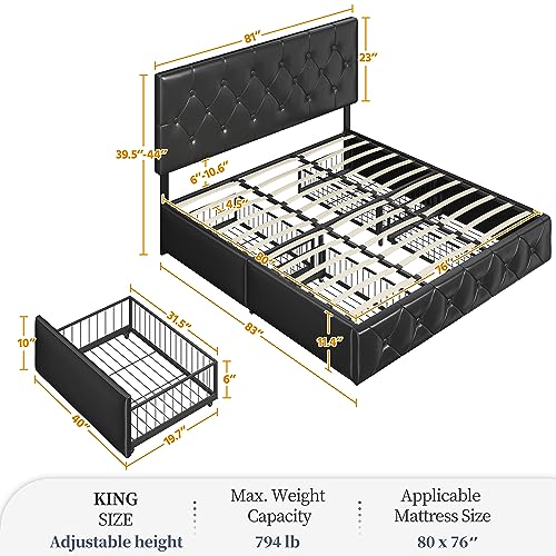 Yaheetech King Size Upholstered Bed Frame with 4 Drawers and Adjustable Headboard, Faux Leather Platform Bed with Mattress Foundation Strong Wooden Slats Support, No Box Spring Needed, Black