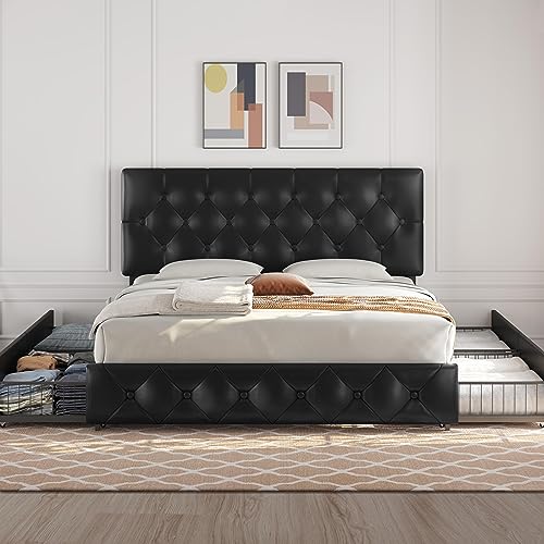 Yaheetech King Size Upholstered Bed Frame with 4 Drawers and Adjustable Headboard, Faux Leather Platform Bed with Mattress Foundation Strong Wooden Slats Support, No Box Spring Needed, Black