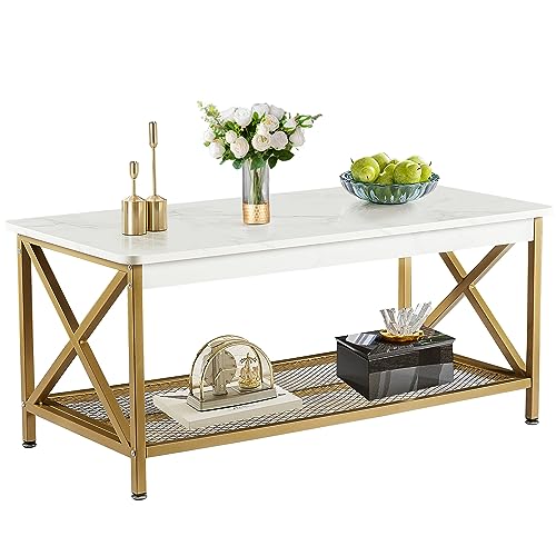 VECELO Coffee Table with Storage Shelf for Living Room,Industrial Style,Easy Assembly, Gold