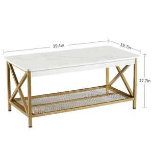 VECELO Coffee Table with Storage Shelf for Living Room,Industrial Style,Easy Assembly, Gold