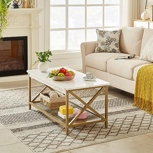 VECELO Coffee Table with Storage Shelf for Living Room,Industrial Style,Easy Assembly, Gold