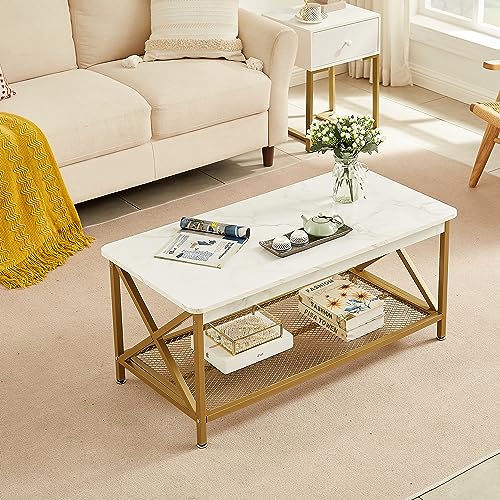 VECELO Coffee Table with Storage Shelf for Living Room,Industrial Style,Easy Assembly, Gold