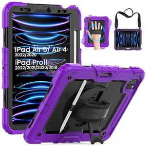 wgdttve ipad air 5th generation case 10.9 inch 2022 / ipad air 4th case 10.9 inch 2020 / ipad pro 11 inch case with pencil holder, screen protector, 360°rotating stand, handle, shoulder strap (purple)