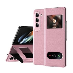 loobival pu leather for samsung galaxy z fold 5 4 3 5g case window view hole for free answer call &time view,kickstand function,full protection slim men cases cover (lichee pink,z fold 5)