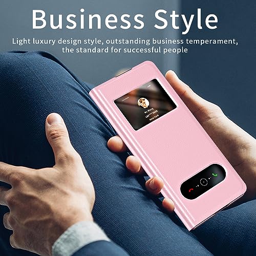 LOOBIVAL PU Leather for Samsung Galaxy Z Fold 5 4 3 5G Case Window View Hole for Free Answer Call &Time View,Kickstand Function,Full Protection Slim Men Cases Cover (Lichee Pink,Z Fold 5)