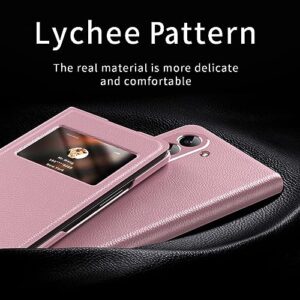 LOOBIVAL PU Leather for Samsung Galaxy Z Fold 5 4 3 5G Case Window View Hole for Free Answer Call &Time View,Kickstand Function,Full Protection Slim Men Cases Cover (Lichee Pink,Z Fold 5)