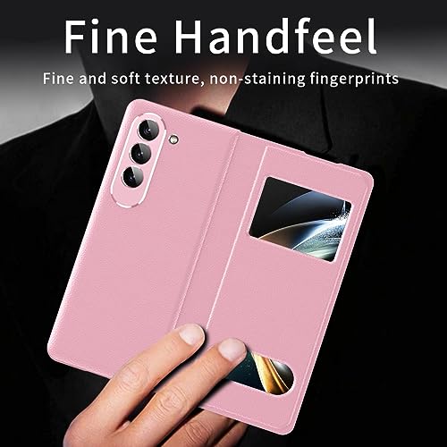 LOOBIVAL PU Leather for Samsung Galaxy Z Fold 5 4 3 5G Case Window View Hole for Free Answer Call &Time View,Kickstand Function,Full Protection Slim Men Cases Cover (Lichee Pink,Z Fold 5)