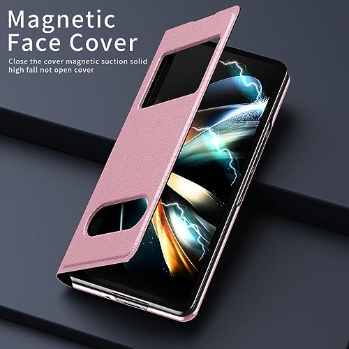 LOOBIVAL PU Leather for Samsung Galaxy Z Fold 5 4 3 5G Case Window View Hole for Free Answer Call &Time View,Kickstand Function,Full Protection Slim Men Cases Cover (Lichee Pink,Z Fold 5)