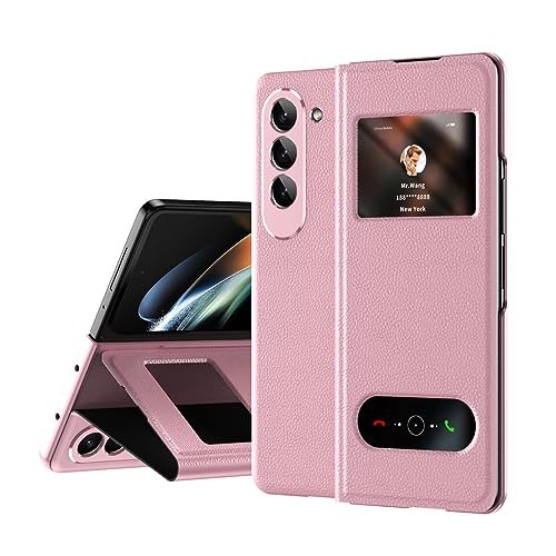 LOOBIVAL PU Leather for Samsung Galaxy Z Fold 5 4 3 5G Case Window View Hole for Free Answer Call &Time View,Kickstand Function,Full Protection Slim Men Cases Cover (Lichee Pink,Z Fold 5)