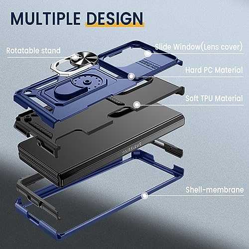 Goton for Samsung Galaxy Z Fold 5 Case with Slide Camera Cover & Screen Protector, Armor Phone Case Built-in 360° Rotate Ring Stand Heavy Protective for Samsung Z Fold 5 5G Case Accessories Blue