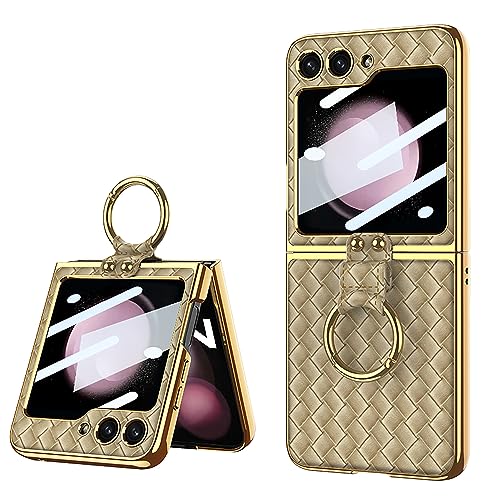 BAILI Galaxy Z Flip 5 Case,360° Whole Protection Braided Leather Z Flip5 Cover with Ring,Comes with Small Screen Protector Precise Hole Location Design Shell for Samsung Galaxy Z Flip5-Champagne