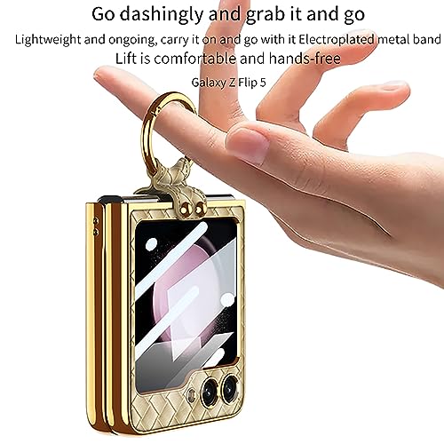 BAILI Galaxy Z Flip 5 Case,360° Whole Protection Braided Leather Z Flip5 Cover with Ring,Comes with Small Screen Protector Precise Hole Location Design Shell for Samsung Galaxy Z Flip5-Champagne