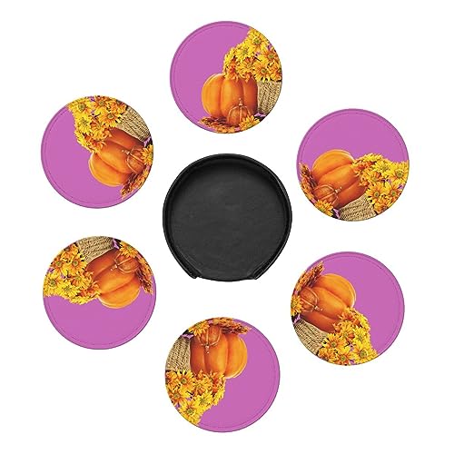 Pumpkins Sunflowers Printed Coasters for Drinks Set of 6 Leather Coasters Spill Protection Cup Mat for Drinks for Home Office Coffee Bar Table