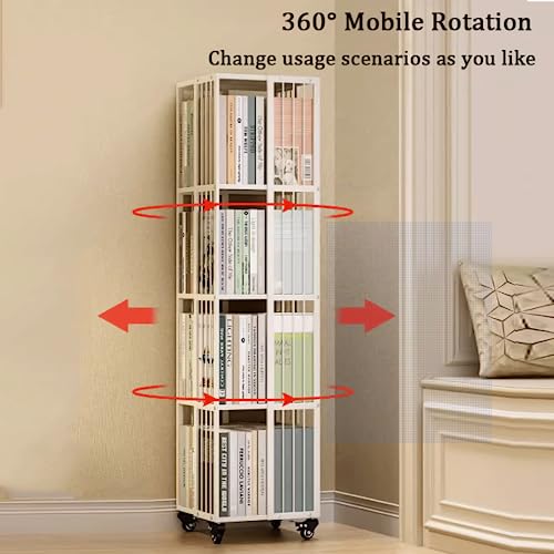 DESONIX Bookshelf 360° Rotating Bookshelf Mobile Shelf Corner Storage Rack with Wheels Floor-to-Ceiling Bookcase for Bedroom Living Room Home Office Floor Standing Bookcase