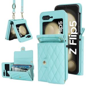 szhaiyu women wallet purse for samsung galaxy z flip 5 5g case crossbody with credit card holder strap lanyard rfid blocking protection flip leather zipper (green, z flip 5)