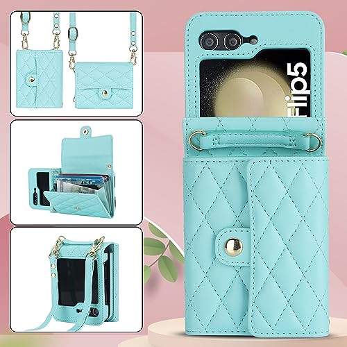 SZHAIYU Women Wallet Purse for Samsung Galaxy Z Flip 5 5G Case Crossbody with Credit Card Holder Strap Lanyard RFID Blocking Protection Flip Leather Zipper (Green, Z Flip 5)