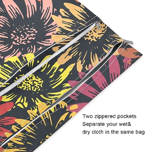 SDMKA 2Pcs Wet Dry Bag for Baby Cloth Diapers Daisy and Sunflower Reusable Waterproof Wet Bag with Two Zippered Pockets for Travel Beach Pool