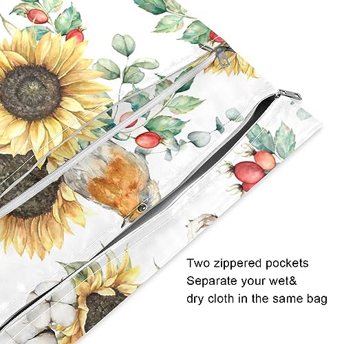 SDMKA 2Pcs Wet Dry Bag for Baby Cloth Diapers Sunflowers & Birds Reusable Waterproof Wet Bag with Two Zippered Pockets for Travel Beach Pool